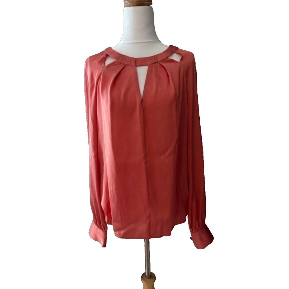 Trina Turk Orange Button Closure 95% Silk Long Sleeve Blouse Cut Outs Sz L NWT